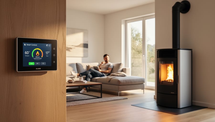 Close-up of hands adjusting digital control panel on modern pellet stove