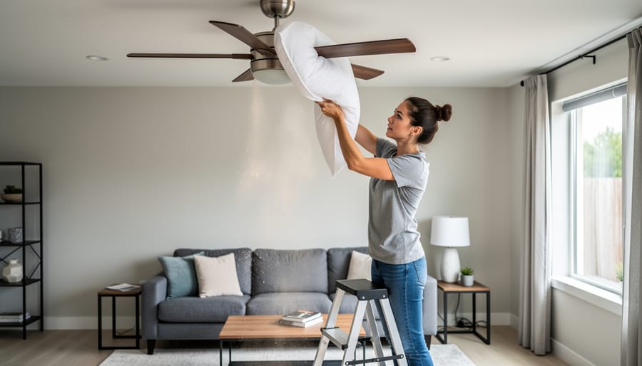 Person cleaning ceiling fan blade with pillowcase method