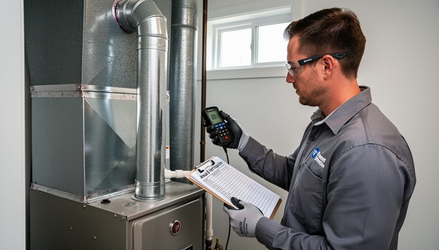 HVAC technician performing annual maintenance inspection on B-vent gas fireplace system