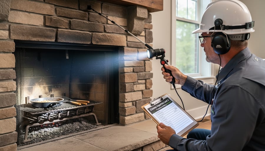 Professional chimney sweep inspecting fireplace flue with specialized camera equipment