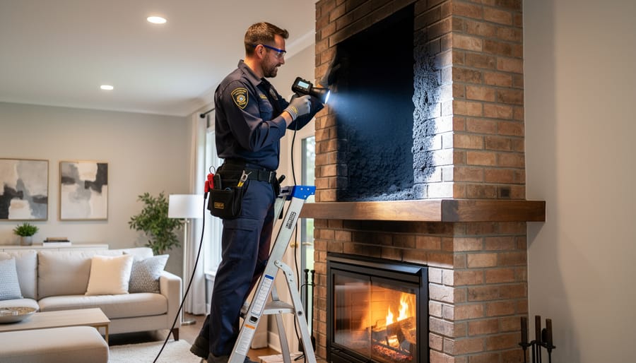 Professional chimney sweep performing inspection inside residential chimney