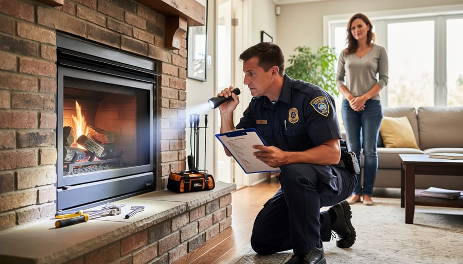 Certified technician performing annual gas fireplace inspection and maintenance
