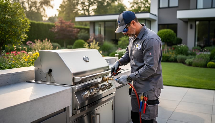 Professional technician installing gas line connection for outdoor stove