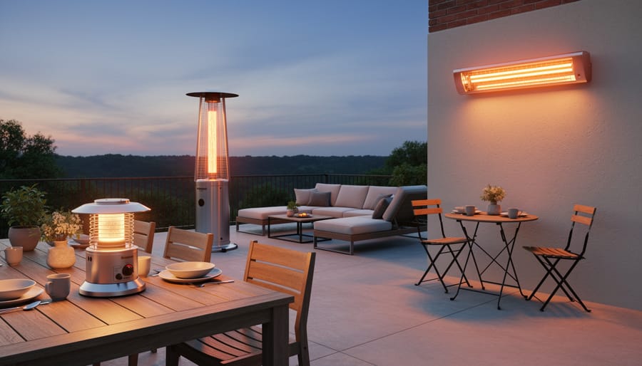 Collection of different propane heater types including patio heater, tabletop heater, wall-mounted unit, and fire pit table