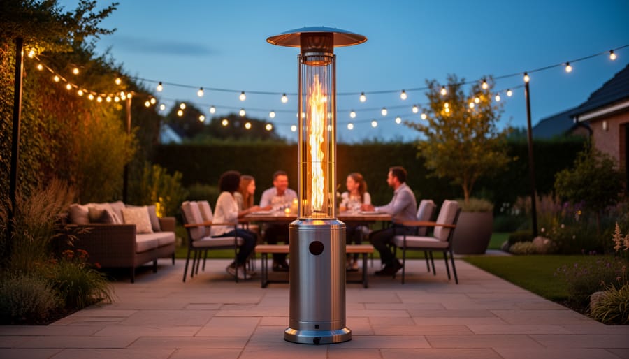 Freestanding stainless-steel propane patio heater with visible flame warming a stone patio at dusk, with a softly blurred family gathering, string lights, and garden seating in the background.