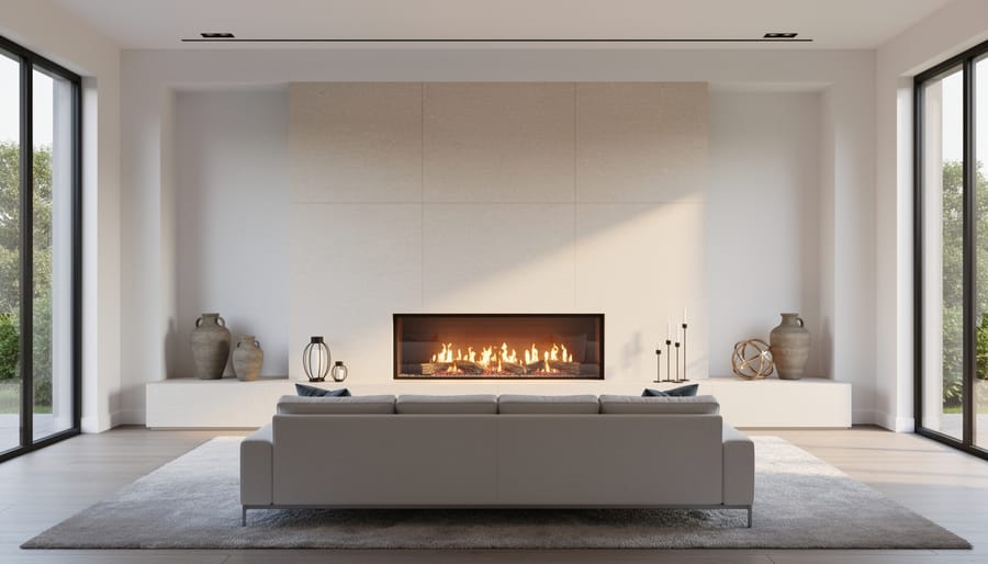 Living room fireplace with wooden mantel showing proper safety clearances