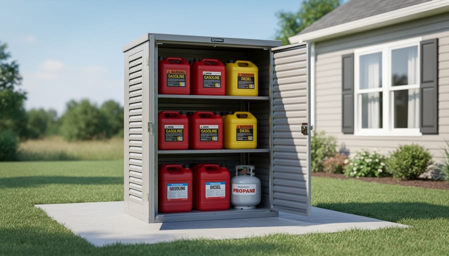 Organized fuel storage shed with approved safety containers on shelves
