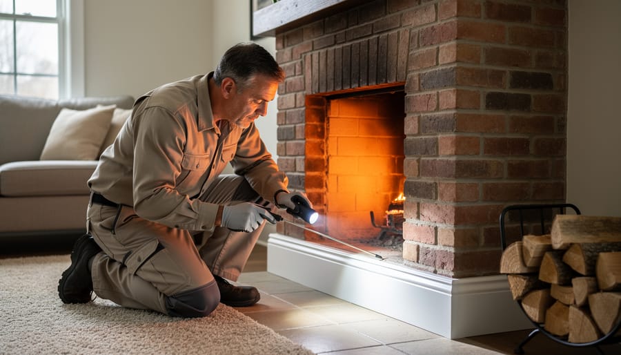 Pest control technician kneeling by a brick fireplace, using a flashlight to examine baseboards near the chimney in a cozy living room, with a small tool wand in hand and stacked firewood and furniture softly blurred in the background.