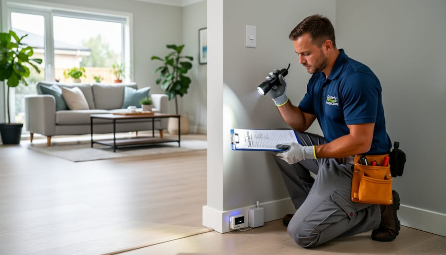 Professional pest control technician inspecting home exterior during routine service visit
