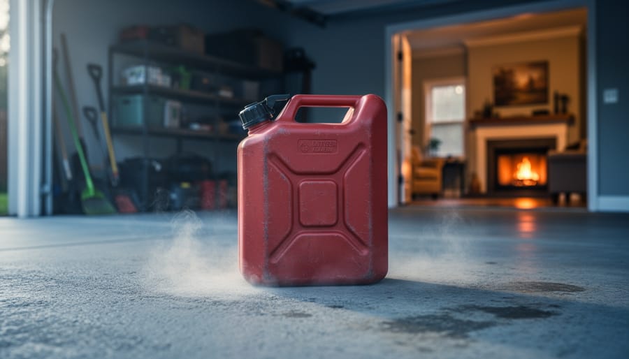 Low-angle view of a red gasoline container on a concrete garage floor with ground-hugging vapor, and a warm fireplace blurred in the background through an open doorway.