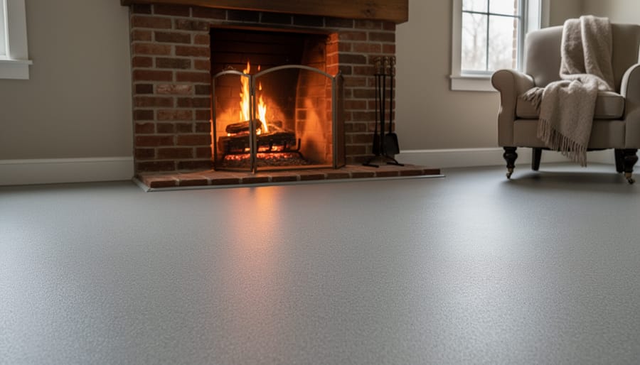 Dark rubber floor coating in living room with lit stone fireplace