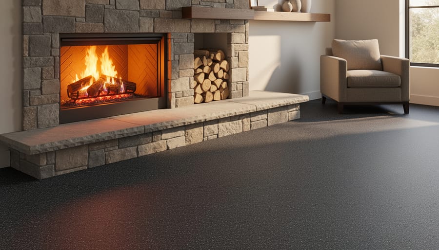 Modern living room with lit fireplace, stone hearth extension, and seamless charcoal rubber flooring surrounding the hearth, with an armchair and stacked firewood niche in the background under warm daylight and firelight.