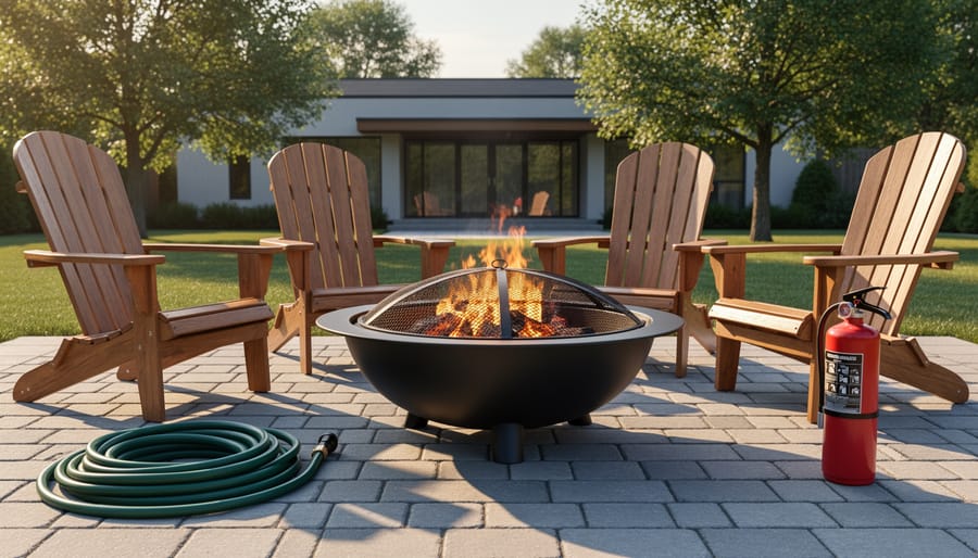 Modern steel fire pit with mesh spark screen burning gently on a paver patio, with a garden hose and red fire extinguisher nearby, and the house and trees positioned at a safe distance in the background.