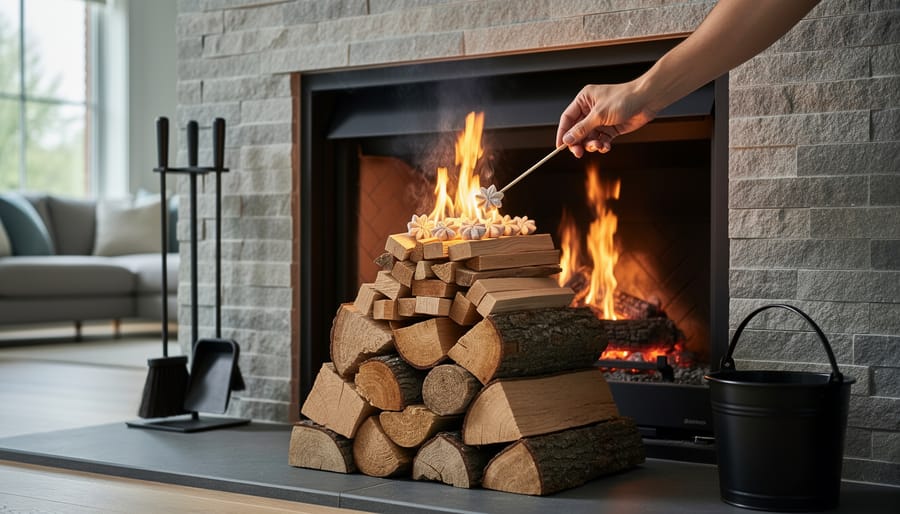Hands in protective gloves arranging kindling for safe fire starting in wood stove