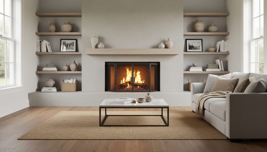 Living room with fireplace showing proper furniture placement and safety clearances