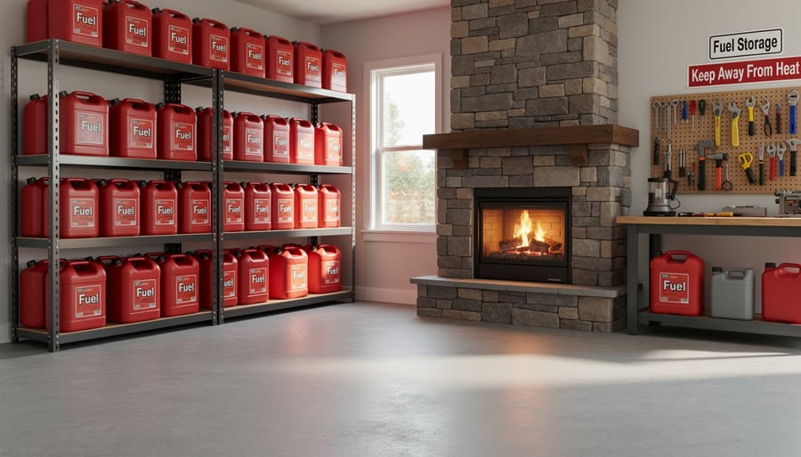 Red safety gas can stored at safe distance from residential fireplace