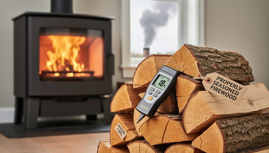 Stack of properly seasoned firewood showing dry split ends and natural grain