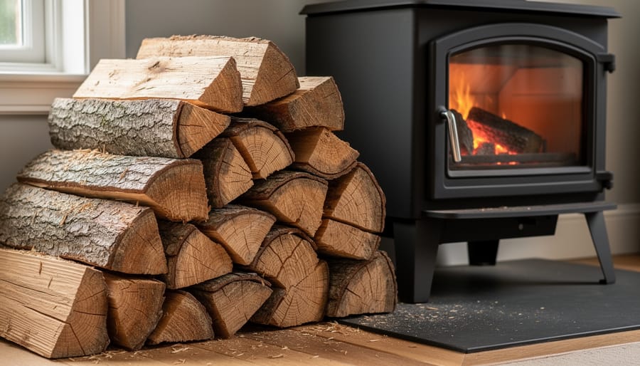 Close-up of stacked seasoned firewood showing split ends with cracks indicating proper drying