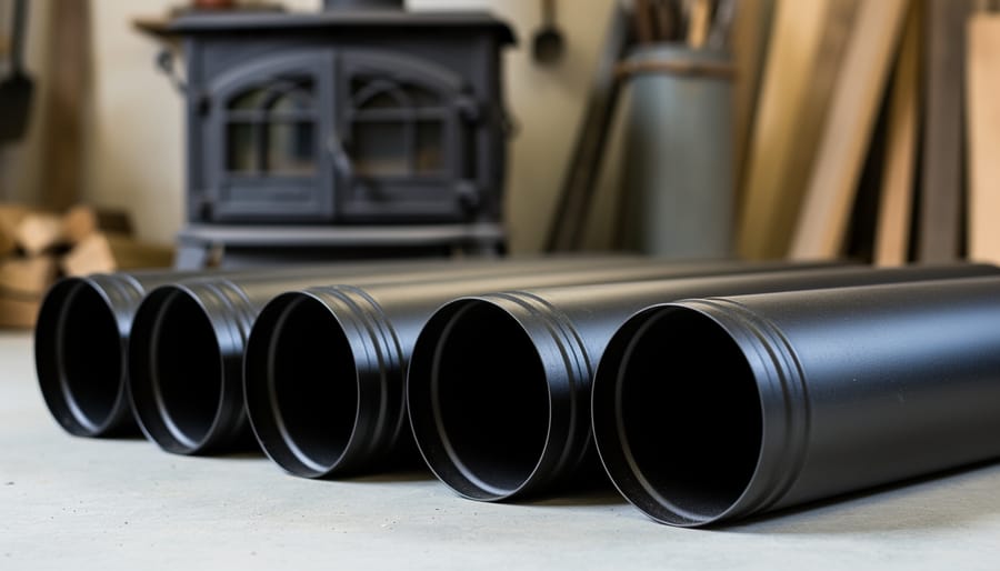 Stack of 7-inch black wood stove pipe sections showing diameter and connection joints