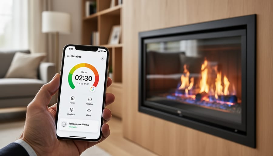 Smartphone displaying temperature monitoring app with fireplace burning in background