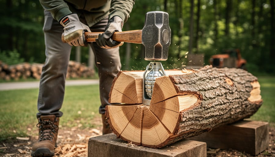 Person using sledgehammer to strike wood splitting grenade wedge positioned in log