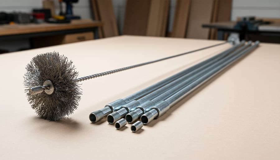 Chimney cleaning brush and extension rods laid out on protective drop cloth