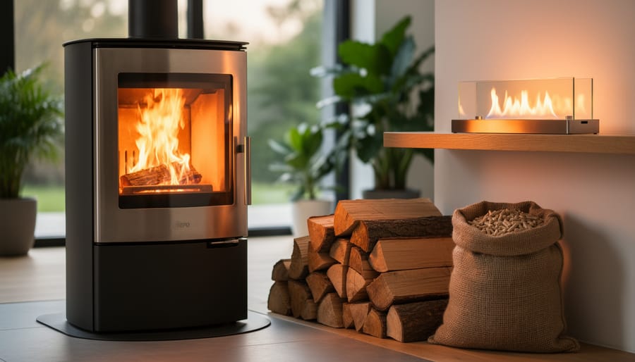 Modern clean-burning wood stove beside neatly stacked seasoned hardwood and a burlap sack of wood pellets, with a small bioethanol tabletop burner on a shelf; warm, cozy living room with houseplants and a window softly blurred in the background.