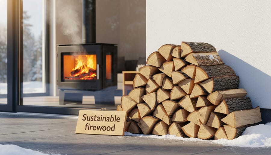 Stacked seasoned firewood logs beside a burning fireplace in a cozy living room