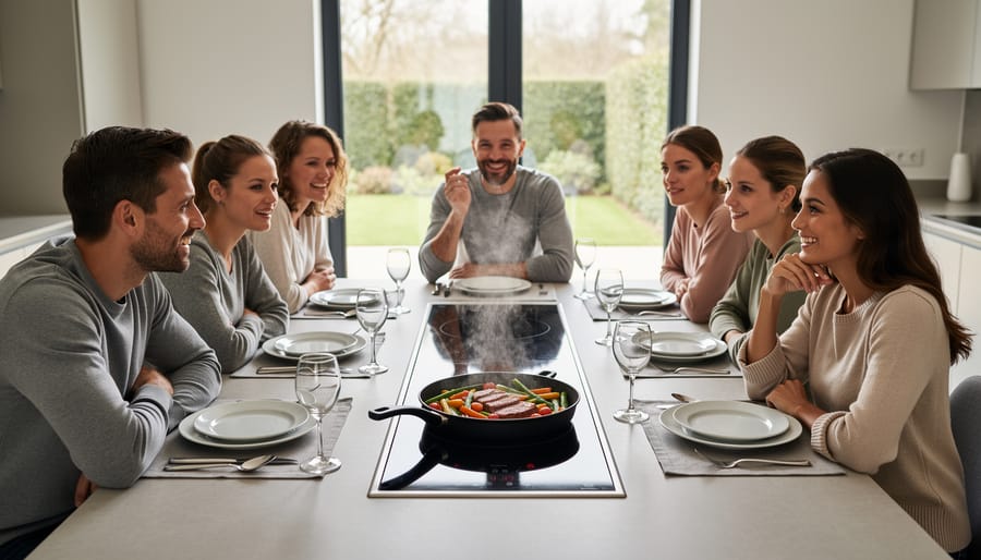 Family gathered around outdoor table cooking system with built-in grill
