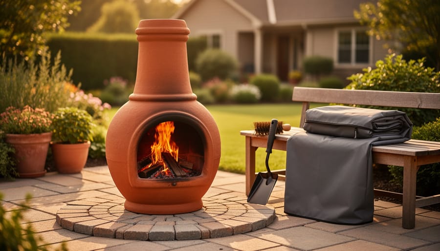 Terracotta chiminea on a circular stone paver base with a wire brush, ash shovel, and folded cover nearby, photographed at golden hour on a garden patio with a house safely in the distant background.