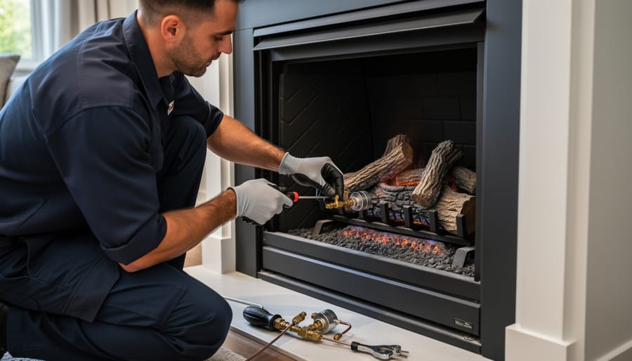 Technician replacing thermocouple component in gas fireplace valve assembly