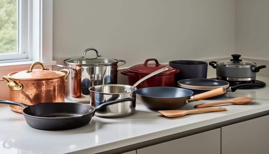 Overhead view of cast iron, enameled, and carbon steel cookware on wooden surface