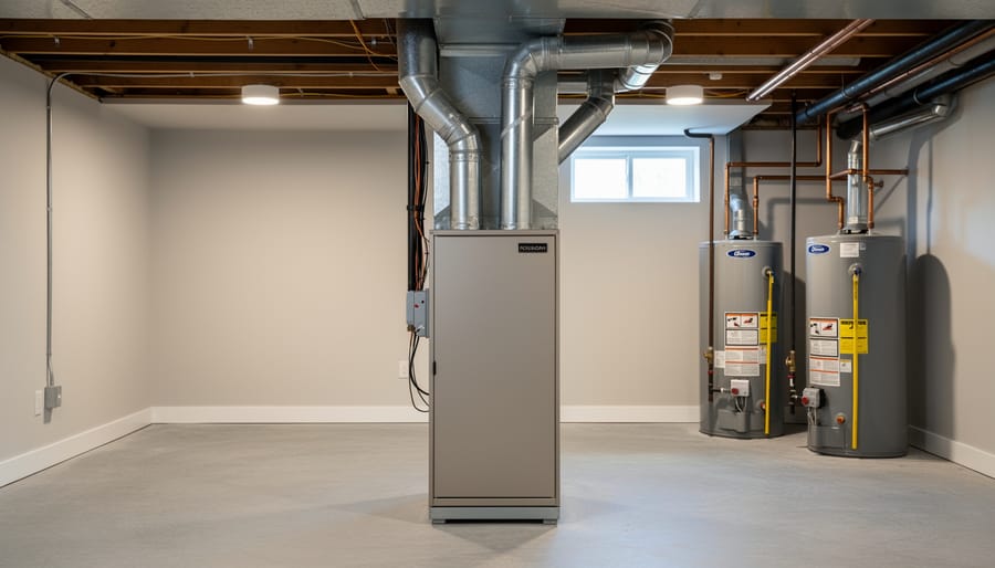 Upflow air handler unit installed in basement with ductwork extending upward