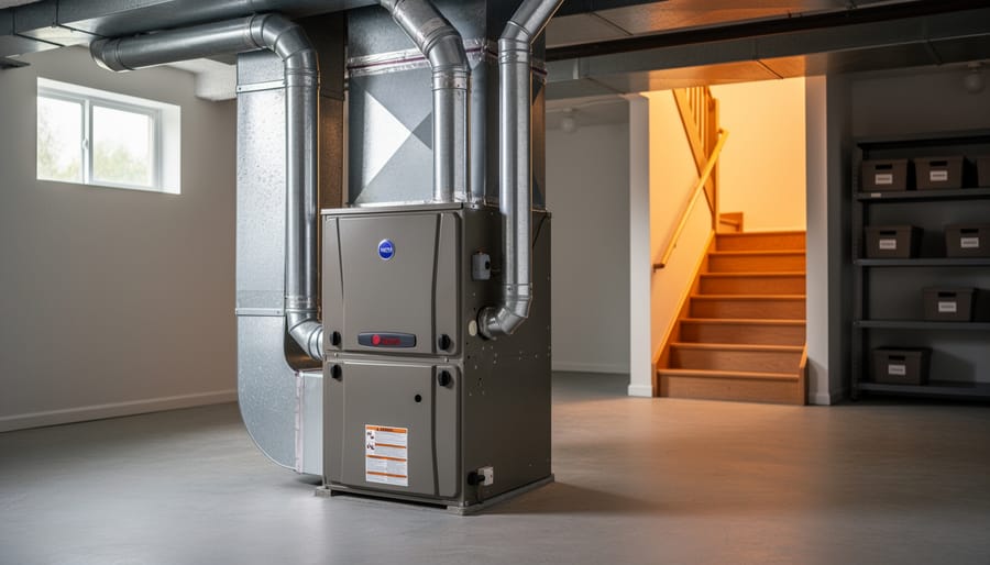 Upflow air handler in a clean basement utility room with vertical ductwork and warm light spilling from the stairwell above, suggesting heat moving upward to living areas.