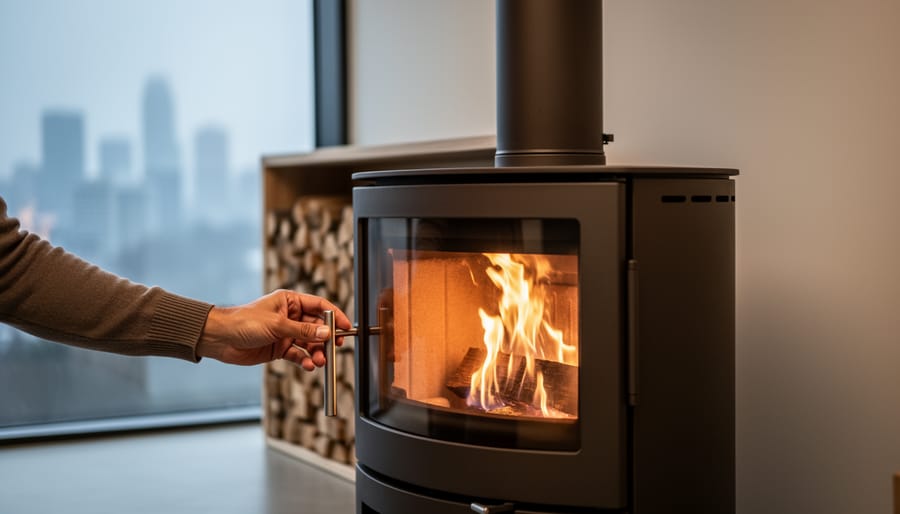 Homeowner adjusting a modern sealed wood stove in a contemporary living room with a hazy urban skyline visible through the window, warm interior lighting contrasting with cool gray outdoor haze.