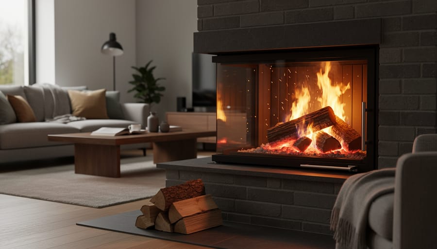 Family enjoying cozy evening in front of wood-burning fireplace in comfortable living room