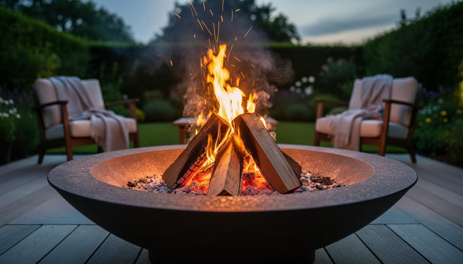 Wood fire pit with bright flames and people roasting marshmallows