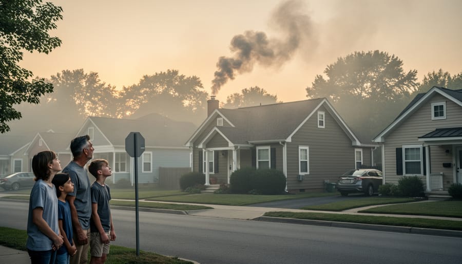 Smoke and emissions rising from residential wood-burning chimney into clear sky