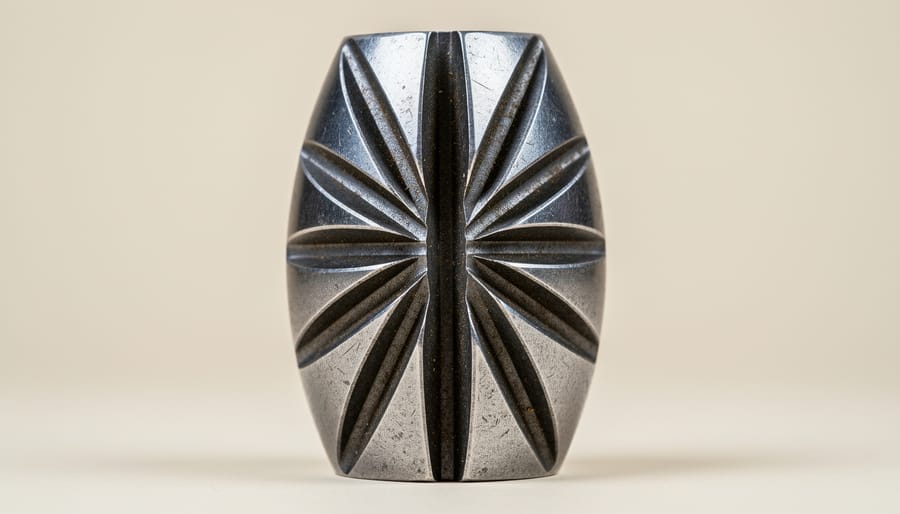 Close-up of multi-pronged steel wood splitting grenade wedge on wooden chopping block