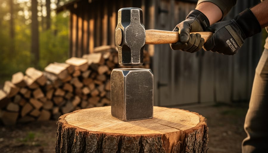 Close-up of a steel grenade wedge embedded in a hardwood log as a gloved person swings a sledgehammer, with warm side lighting and a blurred background of stacked firewood and a rustic woodshed.