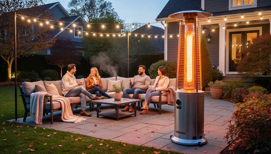 Couple enjoying covered patio with propane fire pit table during winter evening with string lights