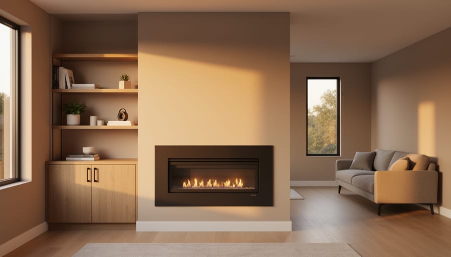 Zero clearance direct-vent gas fireplace flush-mounted in a compact modern living room with wood shelving, sealed glass front glowing warmly, sunlight from the left, with a small sofa and window in the background.