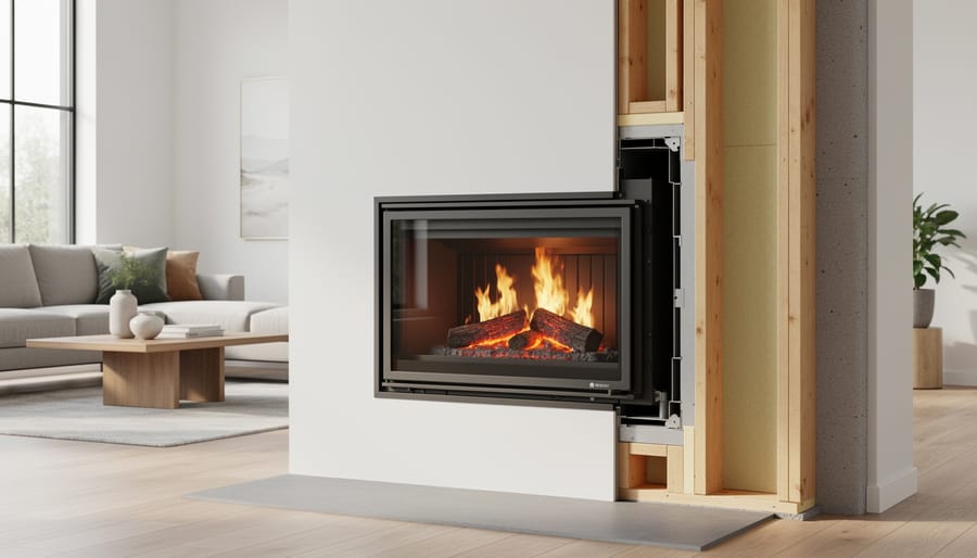 Modern zero clearance fireplace installed against living room wall showing double-wall construction