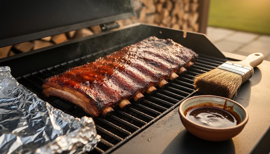Close-up of pork ribs on an outdoor smoker with mahogany caramelized bark, light smoke wafting upward, a piece of foil, a small bowl of glaze, and a basting brush on the grate, with a softly blurred backyard patio and woodpile in the background.