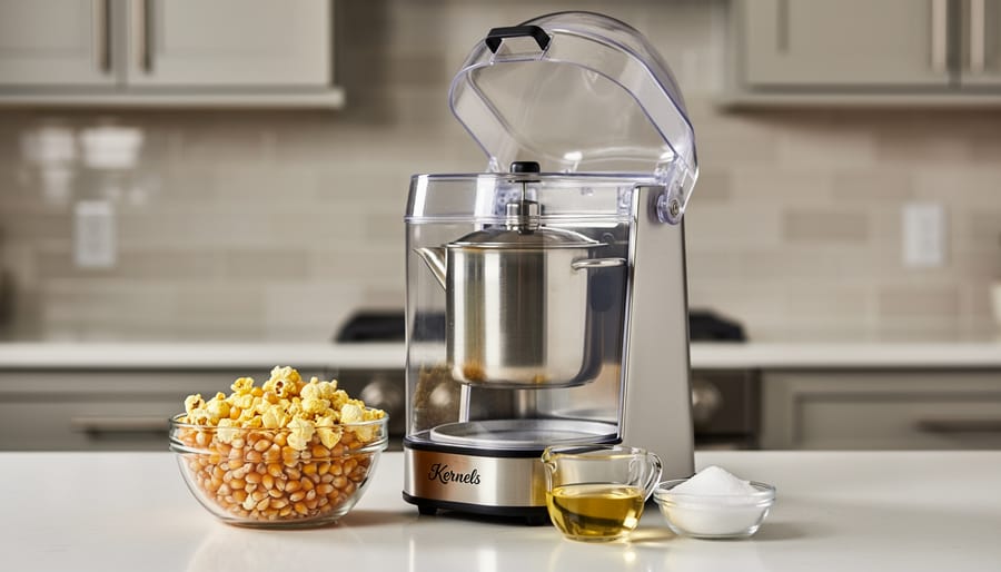Red 8oz popcorn machine with glass panels and stainless steel kettle on kitchen counter