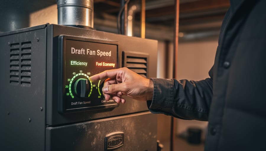 Hand adjusting draft fan speed control dial for optimal coal stove performance