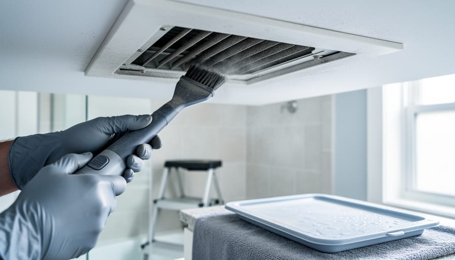 Gloved person using a vacuum brush to clean a dusty ceiling bathroom exhaust fan with the cover removed, with a step stool and shower softly blurred in the background.