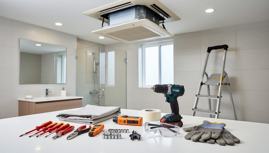 Cleaning supplies and tools arranged for bathroom fan maintenance including screwdriver, cloths, and safety equipment