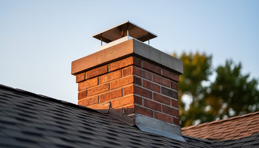 Close-up of a residential brick chimney showing the concrete crown, stainless-steel cap, and flashing in warm evening light, with roof shingles and treetops softly blurred in the background.