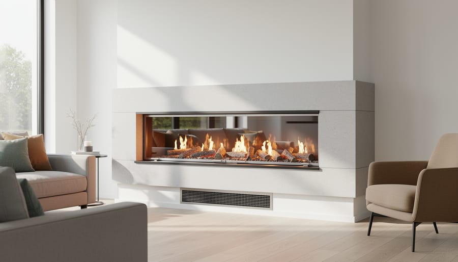 Modern built-in gas fireplace with visible flames in contemporary living room setting